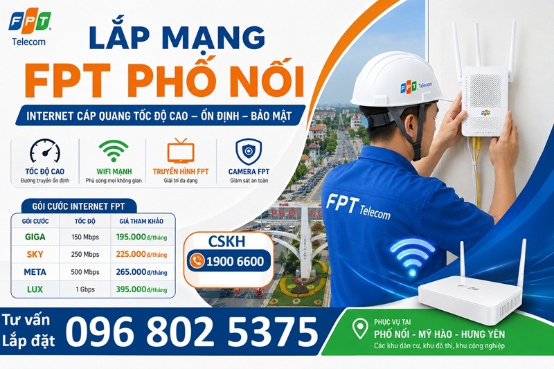 Lắp mạng FPT Phố Nối - Số điện thoại FPT Phố Nối: 0968025375